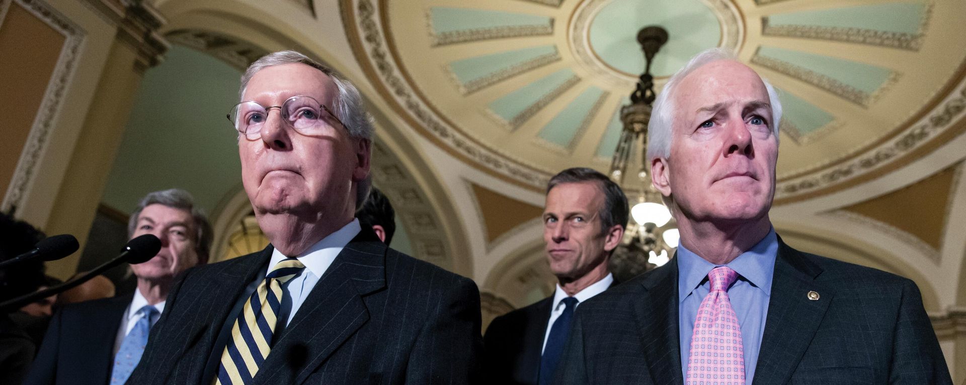 Sen. Mitch McConnell, R-Ky., left, and Sen. John Cornyn, R-Texas, right, talk to reporters following a closed-door policy meeting at the Capitol in Washington, Tuesday, March 8, 2016. In the aftermath of recent horrific mass shootings in Uvalde, Texas and Buffalo, New York, a bipartisan group of senators, including Cornyn and Sen. Chris Murphy, D-Conn., are holding private virtual meetings during recess to try to strike a compromise over gun safety legislation. Sen. Mitch McConnell, R-Ky., left, and Sen. John Cornyn, R-Texas, right, talk to reporters following a closed-door policy meeting at the Capitol in Washington, Tuesday, March 8, 2016. In the aftermath of recent horrific mass shootings in Uvalde, Texas and Buffalo, New York, a bipartisan group of senators, including Cornyn and Sen. Chris Murphy, D-Conn., are holding private virtual meetings during recess to try to strike a compromise over gun safety legislation. - Sputnik International, 1920, 19.02.2024