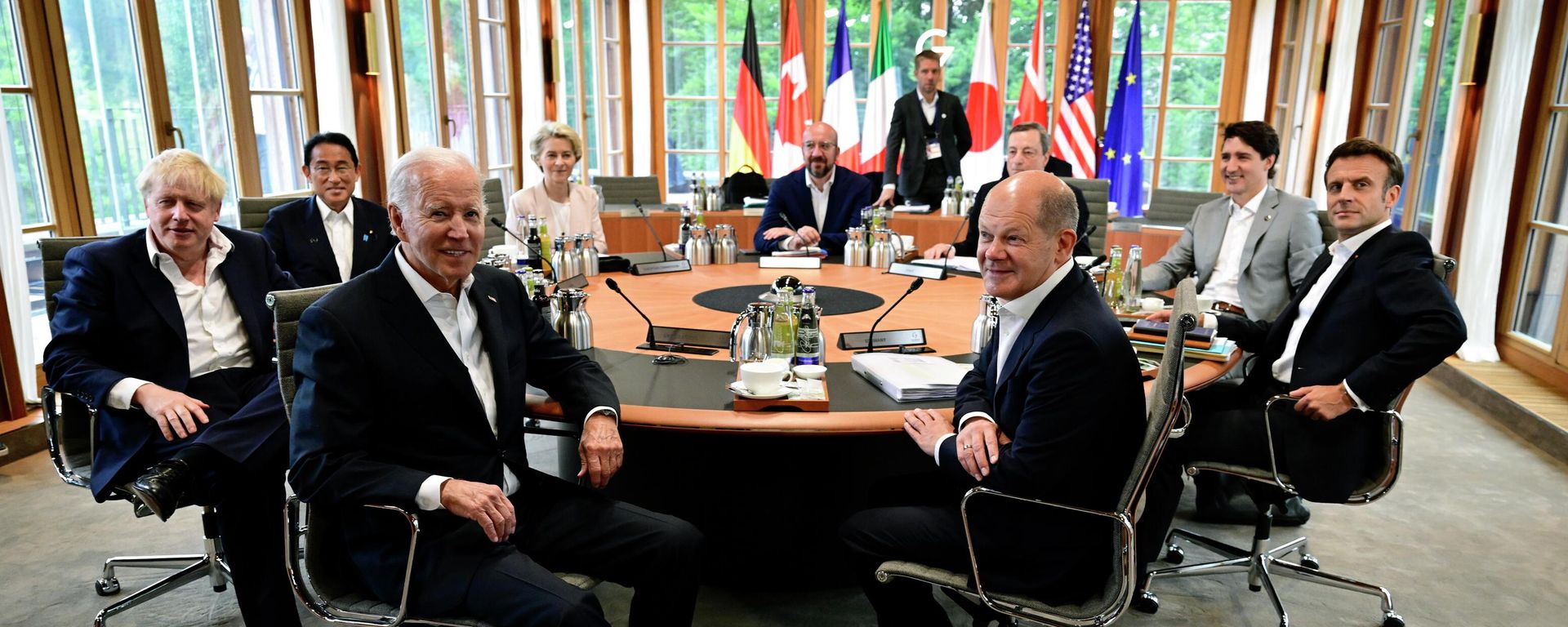 Clockwise from left, British Prime Minister Boris Johnson, Japanese Prime Minister Fumio Kishida, the President of the European Commission Ursula von der Leyen, European Council President Charles Michel, Italian Prime Minister Mario Draghi, Canadian Prime Minister Justin Trudeau, French President Emmanuel Macron, German Chancellor Olaf Scholz and U.S. President Joe Biden attend a working session during of the G7 leaders summit at Castle Elmau in Kruen, near Garmisch-Partenkirchen, Germany, on Tuesday, June 28, 2022. Clockwise from left, British Prime Minister Boris Johnson, Japanese Prime Minister Fumio Kishida, the President of the European Commission Ursula von der Leyen, European Council President Charles Michel, Italian Prime Minister Mario Draghi, Canadian Prime Minister Justin Trudeau, French President Emmanuel Macron, German Chancellor Olaf Scholz and U.S. President Joe Biden attend a working session during of the G7 leaders summit at Castle Elmau in Kruen, near Garmisch-Partenkirchen, Germany, on Tuesday, June 28, 2022. - Sputnik International, 1920, 29.06.2022
