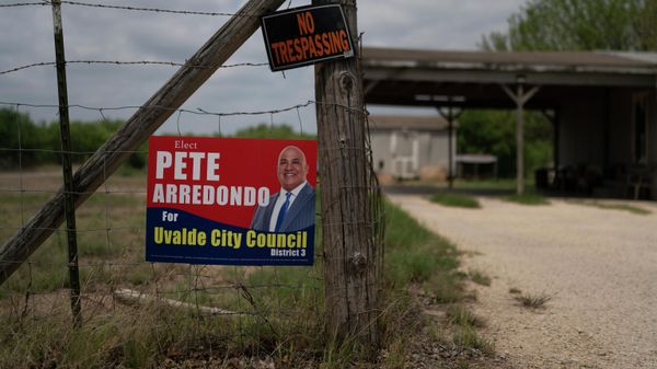 A campaign sign for Pete Arredondo, the chief of police for the Uvalde Consolidated Independent School District, is seen in Uvalde, Texas Monday, May 30, 2022.  - Sputnik International