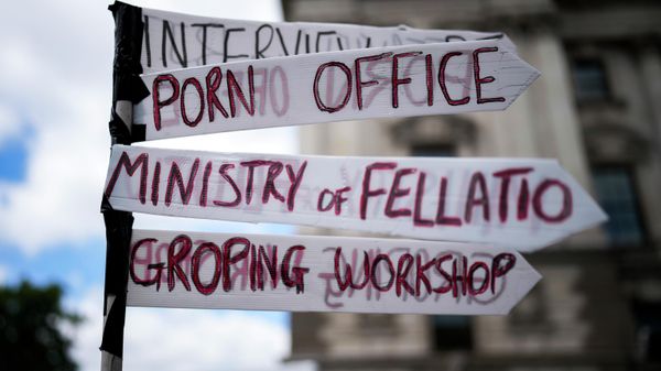 A protester holds a sign outside the Houses of Parliament - Sputnik International