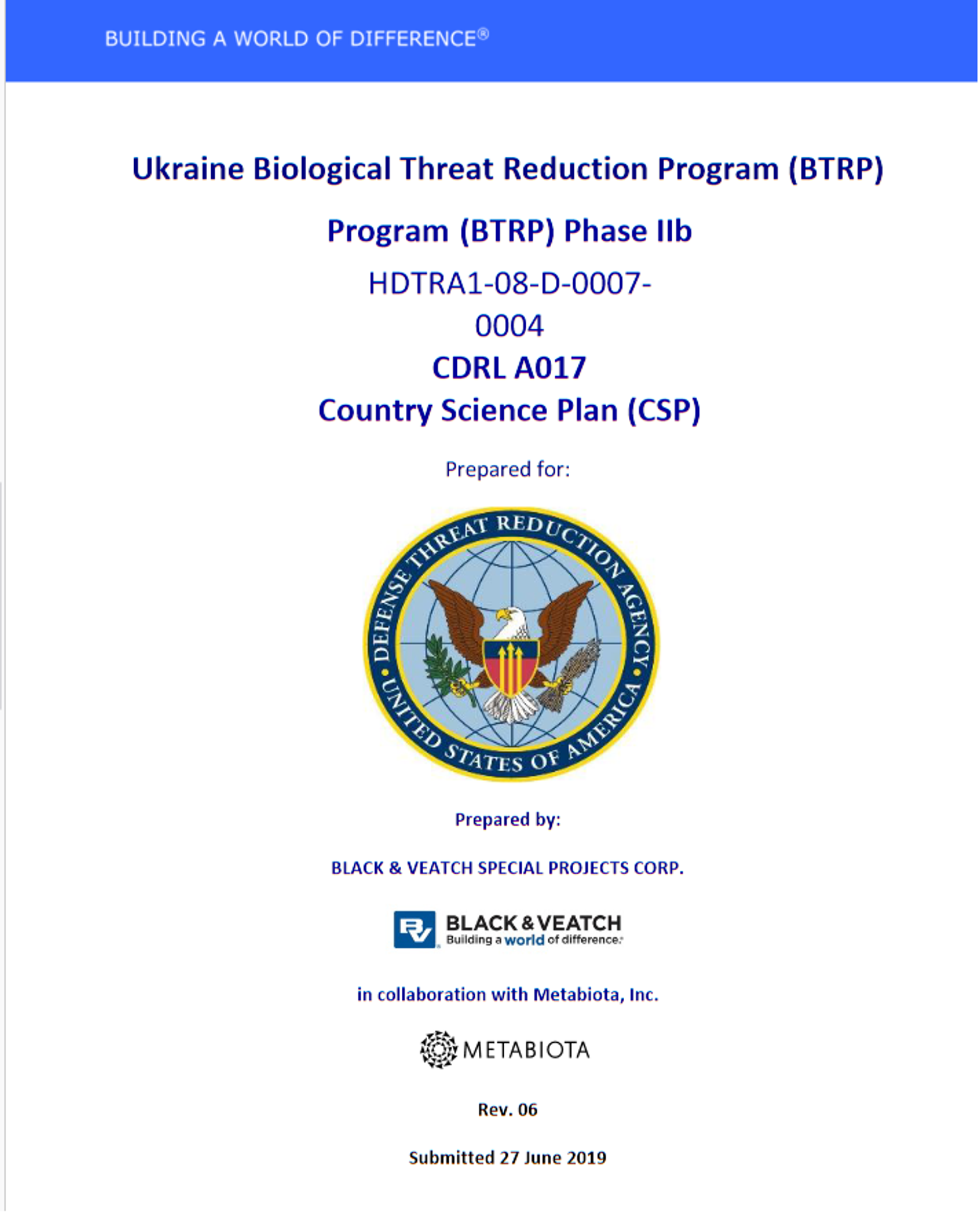 Cover page of 2019 Black & Veatch/Metabiota report on Ukraine 'Country Science Plan' - Sputnik International, 1920, 07.07.2022