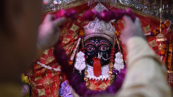 A Hindu devotee pays his respects to a statue of the Goddess Kali on the occasion of Bhadarkali Fair at the Bhadrakali temple in Amritsar on May 28, 2022. - Sputnik International