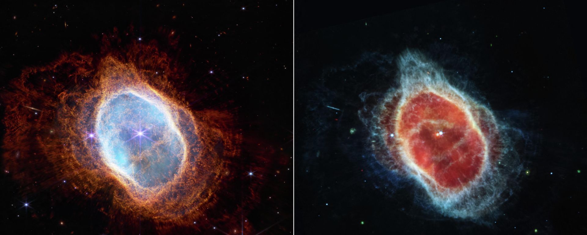 This image released by NASA on July 12, 2022, shows the dimmer star at the center of this scene has been sending out rings of gas and dust for thousands of years in all directions, and the James Webb Space Telescope (JWST) has revealed for the first time that this star is cloaked in dust.  - Sputnik International, 1920, 12.07.2022