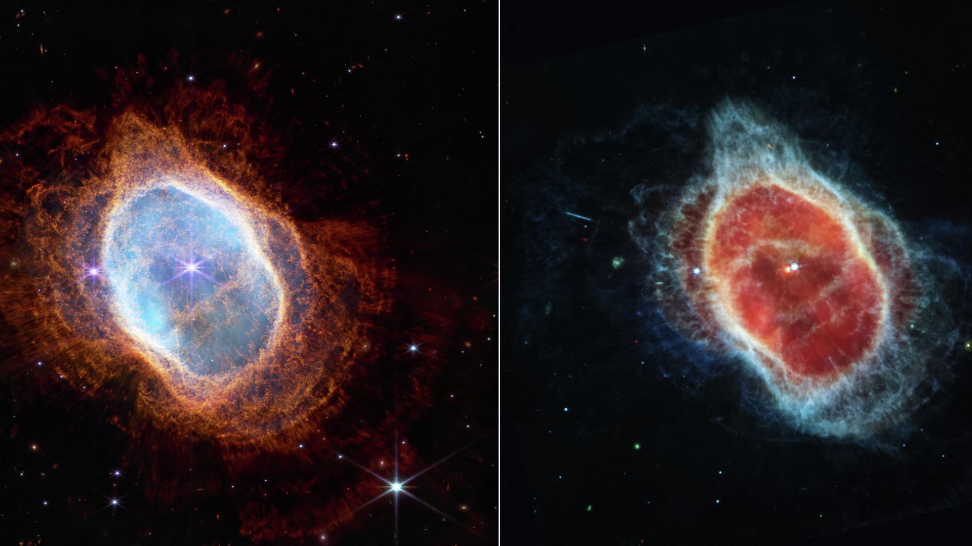 This image released by NASA on July 12, 2022, shows the dimmer star at the center of this scene has been sending out rings of gas and dust for thousands of years in all directions, and the James Webb Space Telescope (JWST) has revealed for the first time that this star is cloaked in dust. This image released by NASA on July 12, 2022, shows the dimmer star at the center of this scene has been sending out rings of gas and dust for thousands of years in all directions, and the James Webb Space Telescope (JWST) has revealed for the first time that this star is cloaked in dust. - Sputnik International, 1920, 12.07.2022