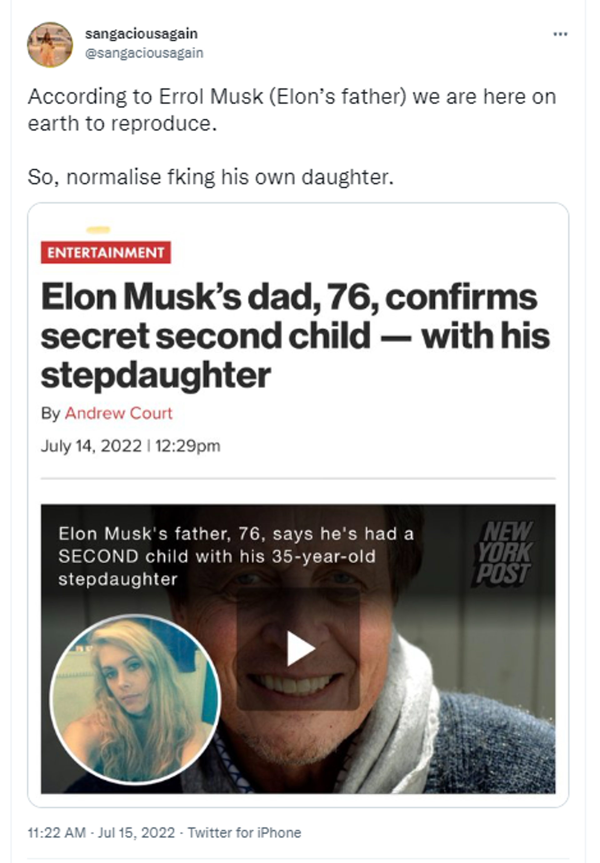 Netizens react to Elon Musk's father having a secret child with his 35-year-old stepdaughter Jana Bezuidenhout Netizens react to Elon Musk's father having a secret child with his 35-year-old stepdaughter Jana Bezuidenhout - Sputnik International, 1920, 15.07.2022