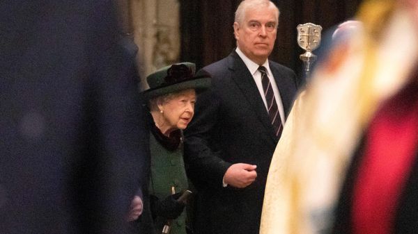 Britain's Queen Elizabeth II (L) and her son Britain's Prince Andrew, Duke of York, attend a Service of Thanksgiving for Britain's Prince Philip, Duke of Edinburgh, at Westminster Abbey in central London on March 29, 2022 - Sputnik International