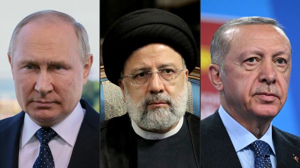 (COMBO) This combination of pictures created on July 17, 2022 shows
a file photo taken on June 30, 2022 of Russian President Vladimir Putin delivering a video address to participants of the 10th Saint Petersburg International Legal Forum in Saint Petersburg, a handout picture provided by the Iranian presidency on June 11, 2022, of Iran's President Ebrahim Raisi during a joint statement with Venezuela's president after their meeting in the capital Tehran, and a file photo taken on June 30, 2022 of Turkey's President Recep Tayyip Erdogan addressing media representatives during a press conference at the NATO summit at the Ifema congress centre in Madrid - Sputnik International