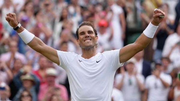 Spain's Rafael Nadal celebrates after beating Taylor Fritz of the US in a men's singles quarterfinal match on day ten of the Wimbledon tennis championships in London, Wednesday, July 6, 2022 - Sputnik International