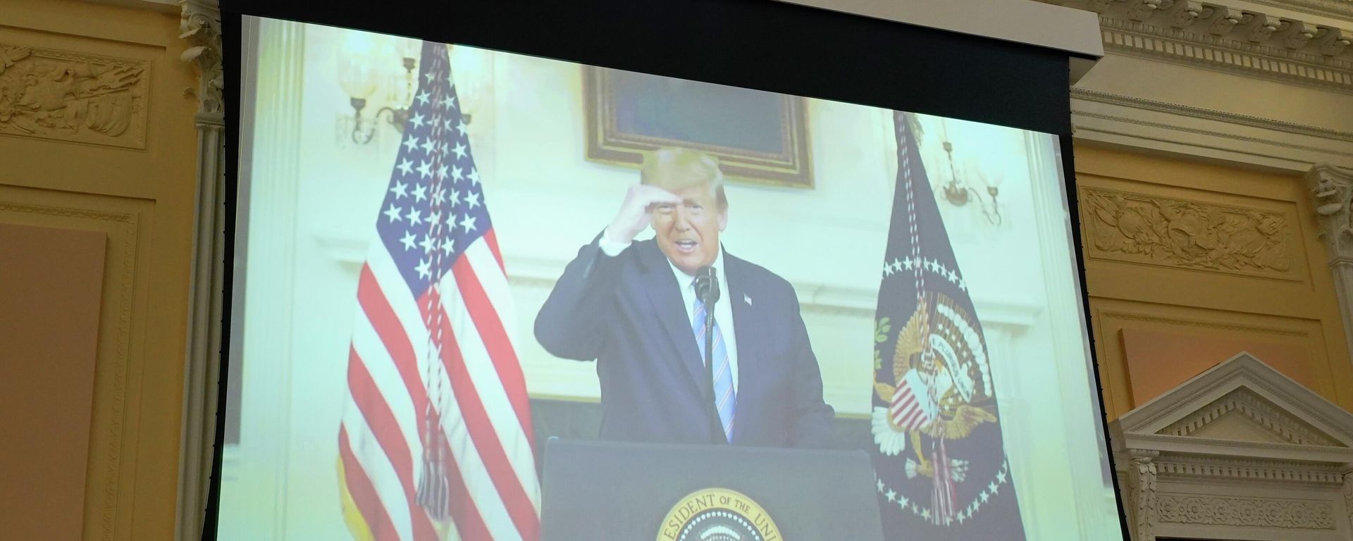 A video of President Donald Trump recording a statement on Jan. 7, 2021, is played, as the House select committee investigating the Jan. 6 attack on the U.S. Capitol holds a hearing at the Capitol in Washington, Thursday, July 21, 2022.  - Sputnik International, 1920, 22.07.2022