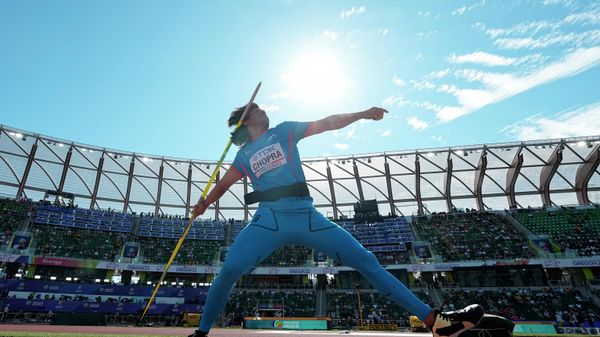 Neeraj Chopra, of India, competes in qualifications for the men's javelin throw at the World Athletics Championships on Thursday, July 21, 2022, in Eugene, Ore. - Sputnik International