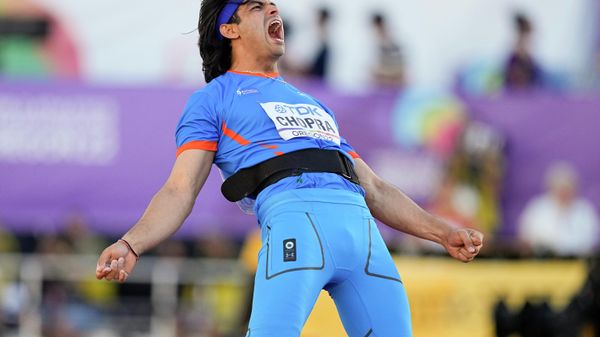 Silver medalist Neeraj Chopra, of India, celebrates during the men's javelin throw final at the World Athletics Championships on Saturday, July 23, 2022, in Eugene, Ore. Silver medalist Neeraj Chopra, of India, celebrates during the men's javelin throw final at the World Athletics Championships on Saturday, July 23, 2022, in Eugene, Ore. - Sputnik International