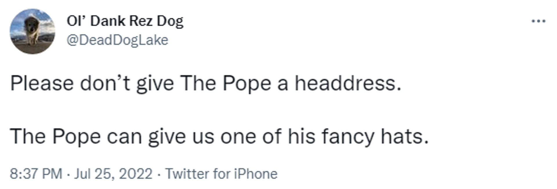 Tweet criticising Pope Francis for wearing an American-Indian headdress during a visit to Canada - Sputnik International, 1920, 26.07.2022