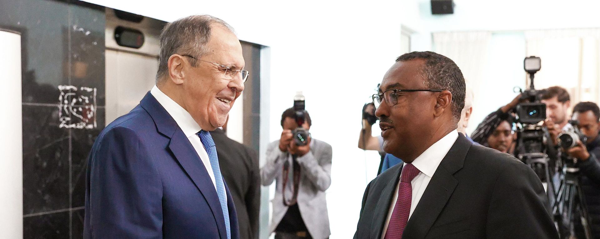 Russian Foreign Minister Sergey Lavrov and his Ethiopian counterpart Demeke Mekonnen shake hands during a meeting in Addis Ababa, Ethiopia Russian Foreign Minister Sergey Lavrov and his Ethiopian counterpart Demeke Mekonnen shake hands during a meeting in Addis Ababa, Ethiopia - Sputnik International, 1920, 03.09.2022