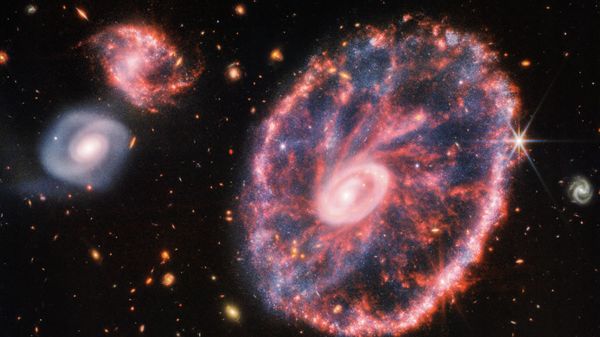 This composite image from Webb’s Near-Infrared Camera (NIRCam) and Mid-Infrared Instrument (MIRI) released by NASA on August 2, 2022, shows the Cartwheel and its companion galaxies, revealing details that are difficult to see in the individual images alone - Sputnik International