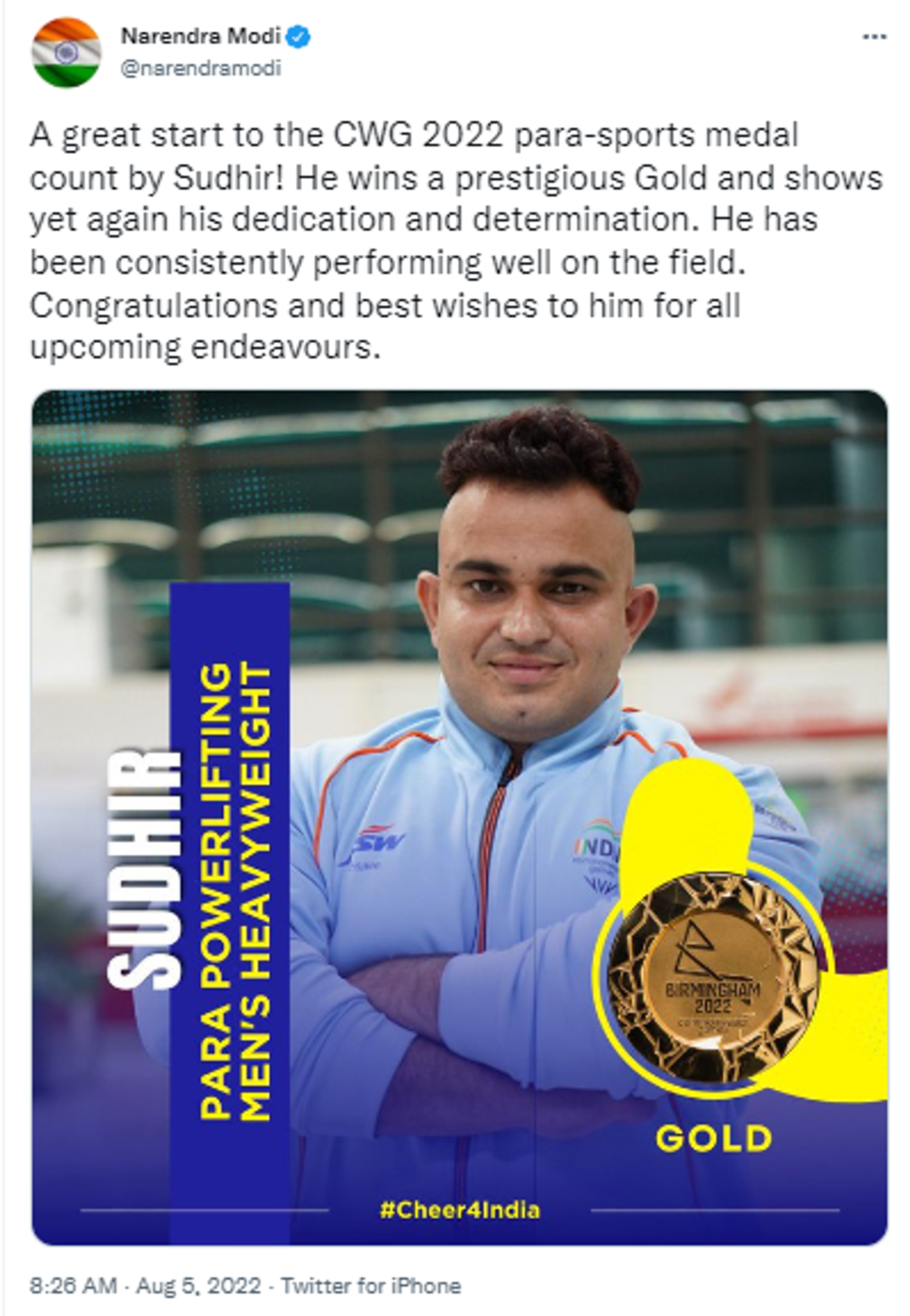 Prime Minister Narendra Modi Praises Sudhir for Winning Gold Medal at Commonwealth Games - Sputnik International, 1920, 05.08.2022