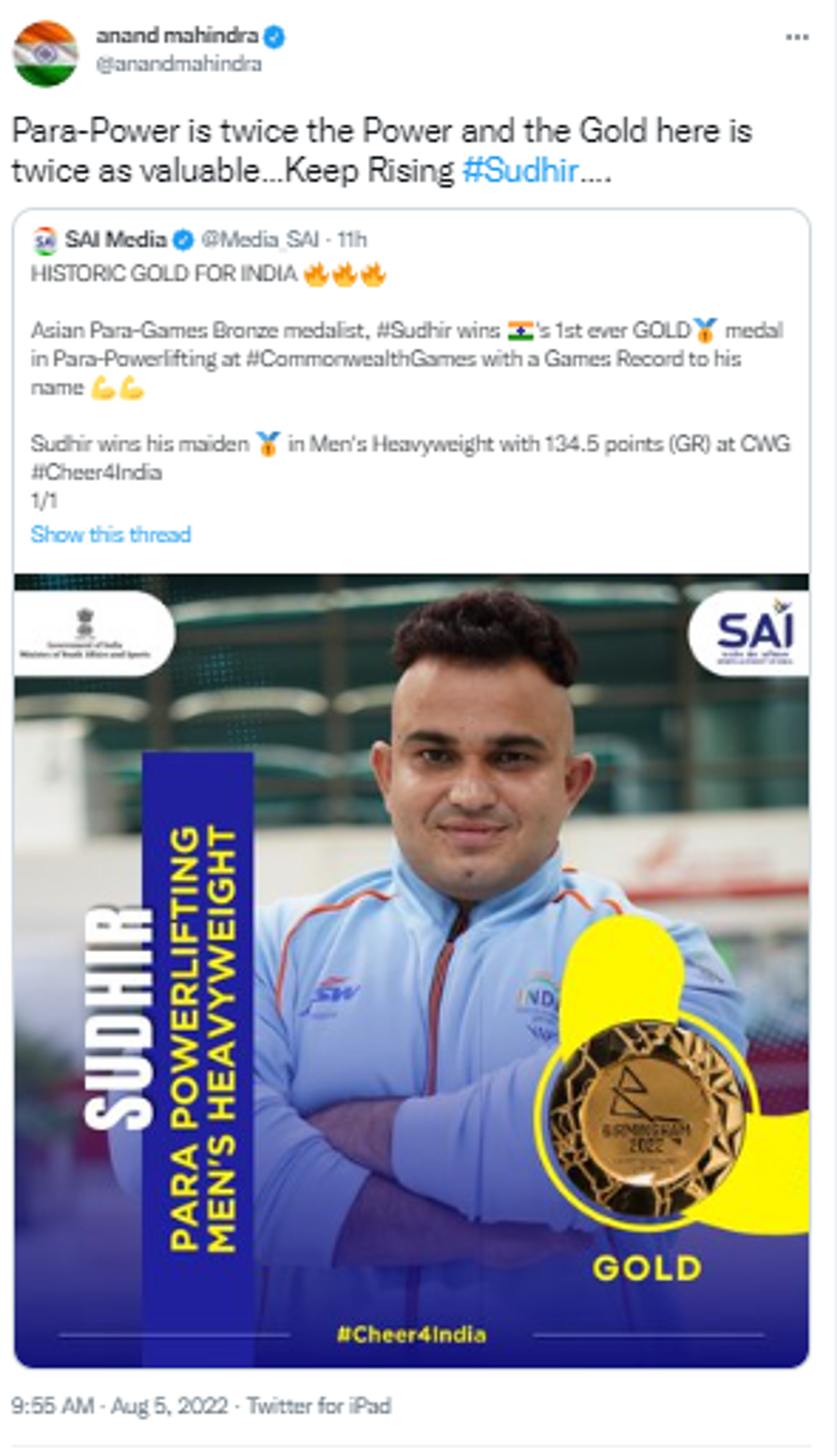 Indian Industrialist Anand Mahindra Says Sudhir's Gold Medal is Twice As Valuable - Sputnik International, 1920, 05.08.2022
