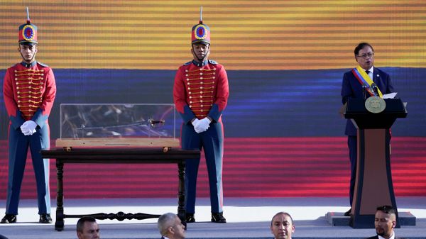 President Gustavo Petro speaks, next to the sword of independence hero Simon Bolivar, after taking the oath of office in Bogota, Colombia, Sunday, Aug. 7, 2022.  - Sputnik International