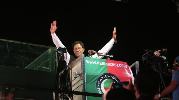 Former Pakistani Prime Minister Imran Khan waves to his supporters during an anti government rally, in Lahore, Pakistan, Thursday, April 21, 2022. Former Pakistani Prime Minister Imran Khan waves to his supporters during an anti government rally, in Lahore, Pakistan, Thursday, April 21, 2022. - Sputnik International