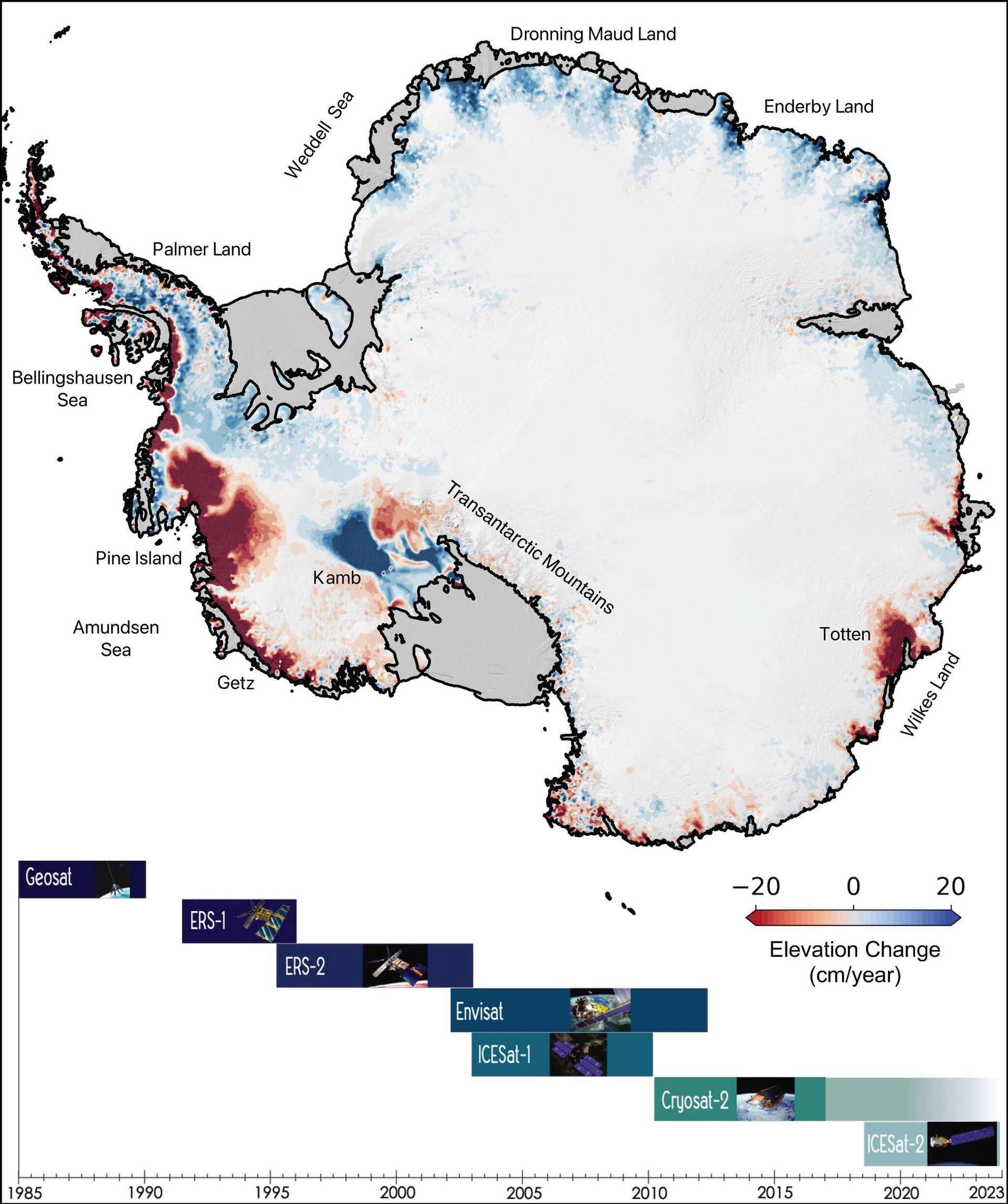 Changes in elevation of the Antarctic ice sheet from 1985 to 2021 are shown. Ice height diminishes (red) as the ice sheet melts by contact with ocean water; it rises (blue) where accumulation exceeds melting. Ice shelves are shown in gray. The missions that supplied data are listed at bottom. Changes in elevation of the Antarctic ice sheet from 1985 to 2021 are shown. Ice height diminishes (red) as the ice sheet melts by contact with ocean water; it rises (blue) where accumulation exceeds melting. Ice shelves are shown in gray. The missions that supplied data are listed at bottom. - Sputnik International, 1920, 12.08.2022