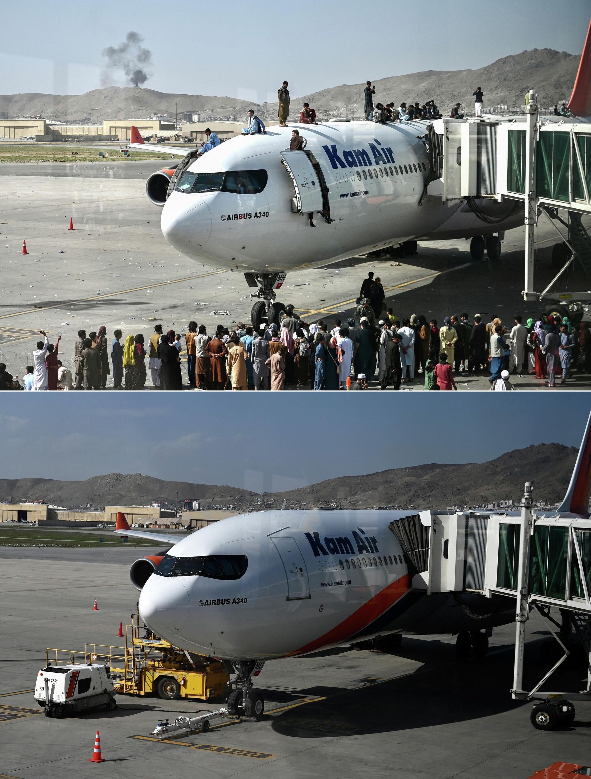 This combination of pictures created on August 10, 2022, shows (top) Afghan people climbing atop of a plane as they wait at the Kabul airport in Kabul on August 16, 2021, and (bottom) the same area of the airport taken on August 1, 2022. This combination of pictures created on August 10, 2022, shows (top) Afghan people climbing atop of a plane as they wait at the Kabul airport in Kabul on August 16, 2021, and (bottom) the same area of the airport taken on August 1, 2022. - Sputnik International, 1920, 29.08.2022