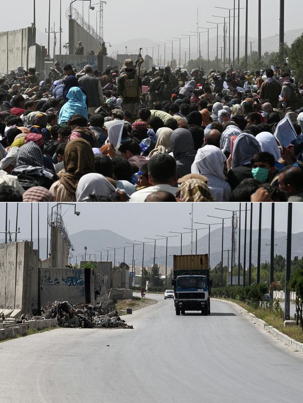 This combination of pictures shows, top, Afghans gathering on a road near the military part of the airport in Kabul on 20 August 2021, and, bottom,  the same area of the airport on 3 August 2022. Tens of thousands of Afghan men, women and children rushed to Kabul's airport a year ago in a desperate bid to flee the advancing Taliban. Images of crowds storming parked planes, and some clinging to a departing US military cargo plane as it rolled down the runway were aired in news bulletins globally. The airport has now returned to a degree of normality. - Sputnik International
