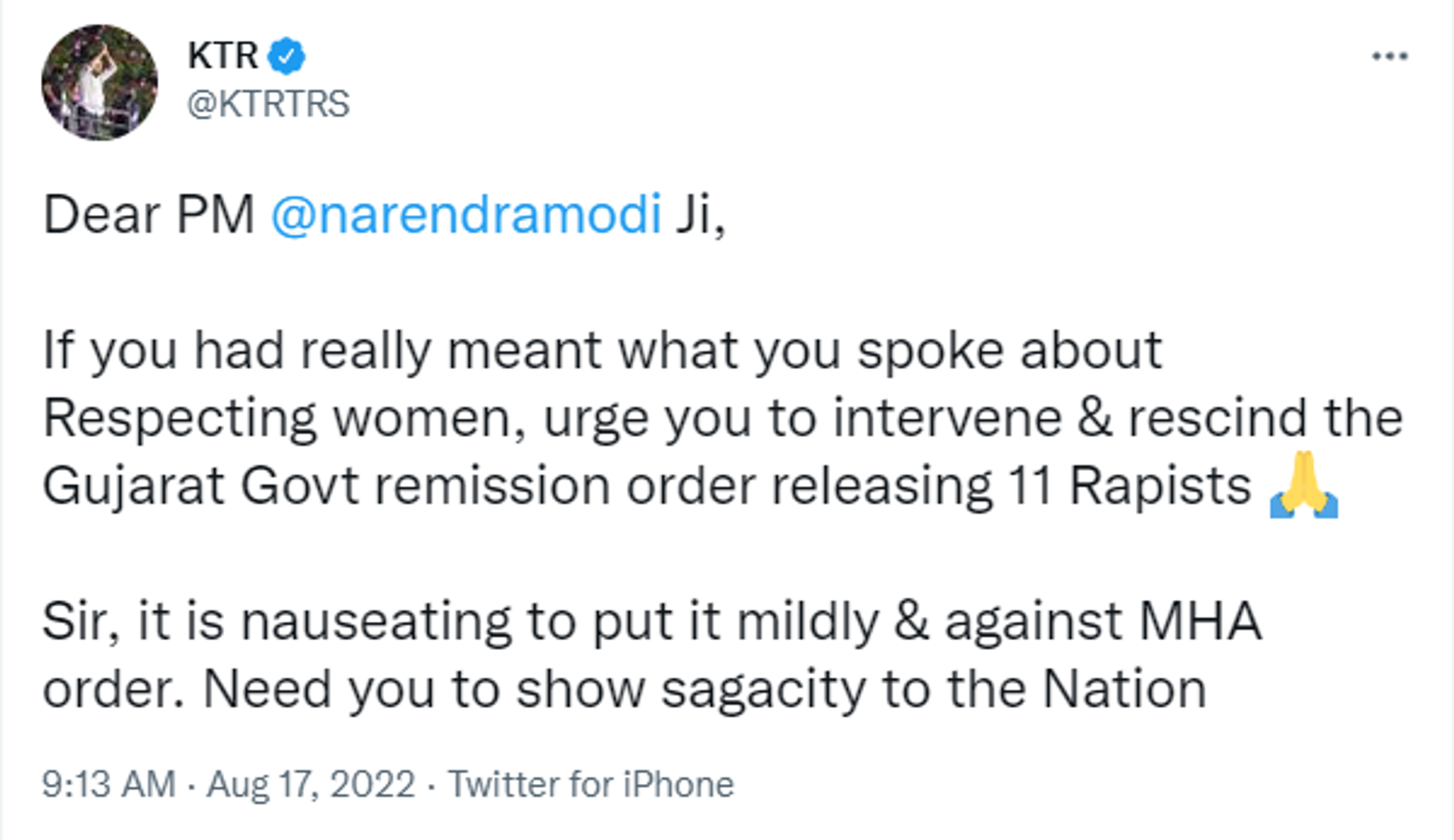 Telangana State Minister K.T. Rama Rao Urges PM Modi to Rescind Gujarat Government's Decision to Release 11 Rape Convicts - Sputnik International, 1920, 17.08.2022