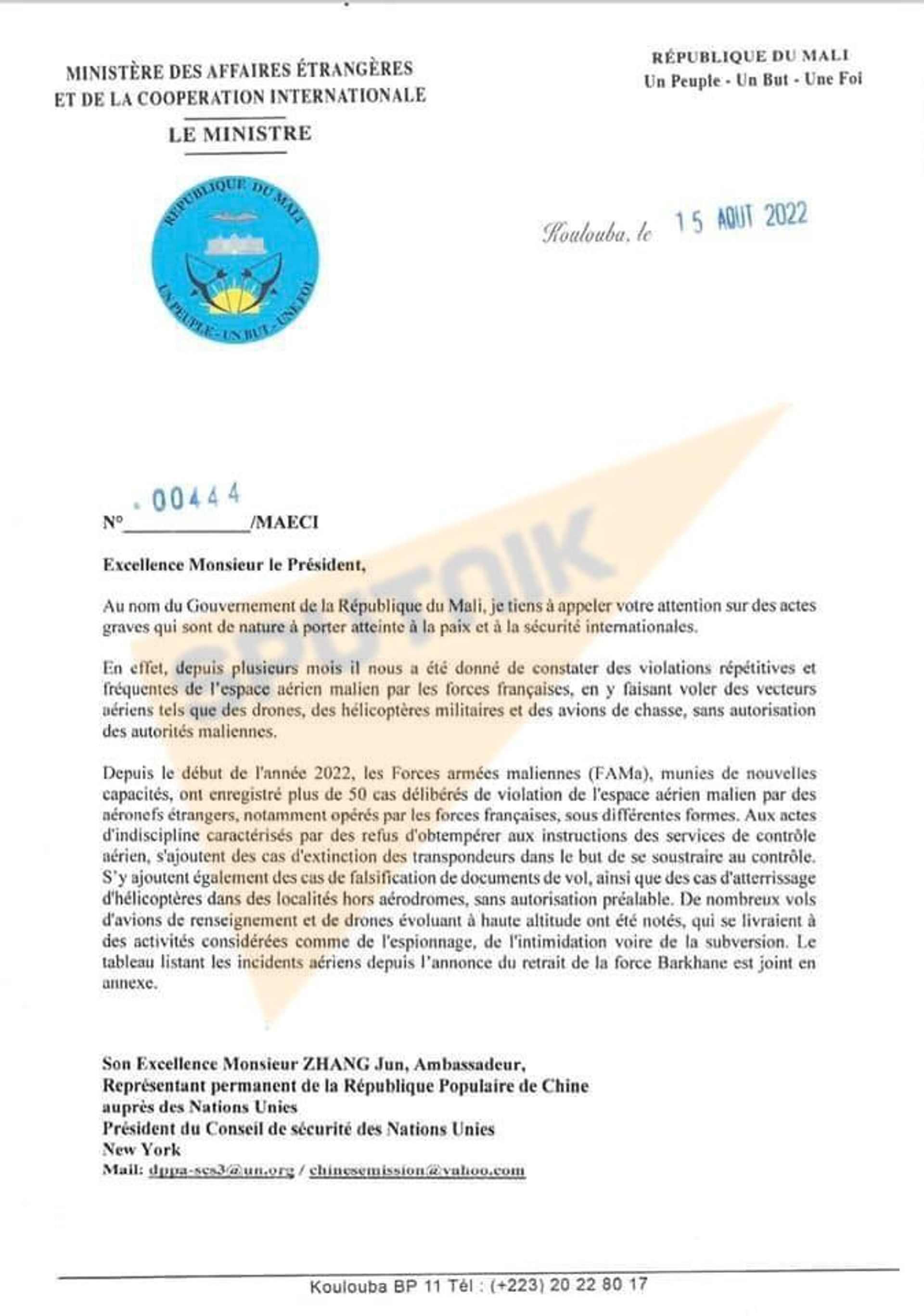 The first page of an August 15, 2022, letter from Malian Foreign Minister Abdoulaye Diop to Zhang Jun, the President of the UN Security Council and China's Permanent Representative of China to the UN, accusing France of supporting terrorist groups inside Mali. The first page of an August 15, 2022, letter from Malian Foreign Minister Abdoulaye Diop to Zhang Jun, the President of the UN Security Council and China's Permanent Representative of China to the UN, accusing France of supporting terrorist groups inside Mali. - Sputnik International, 1920, 17.08.2022