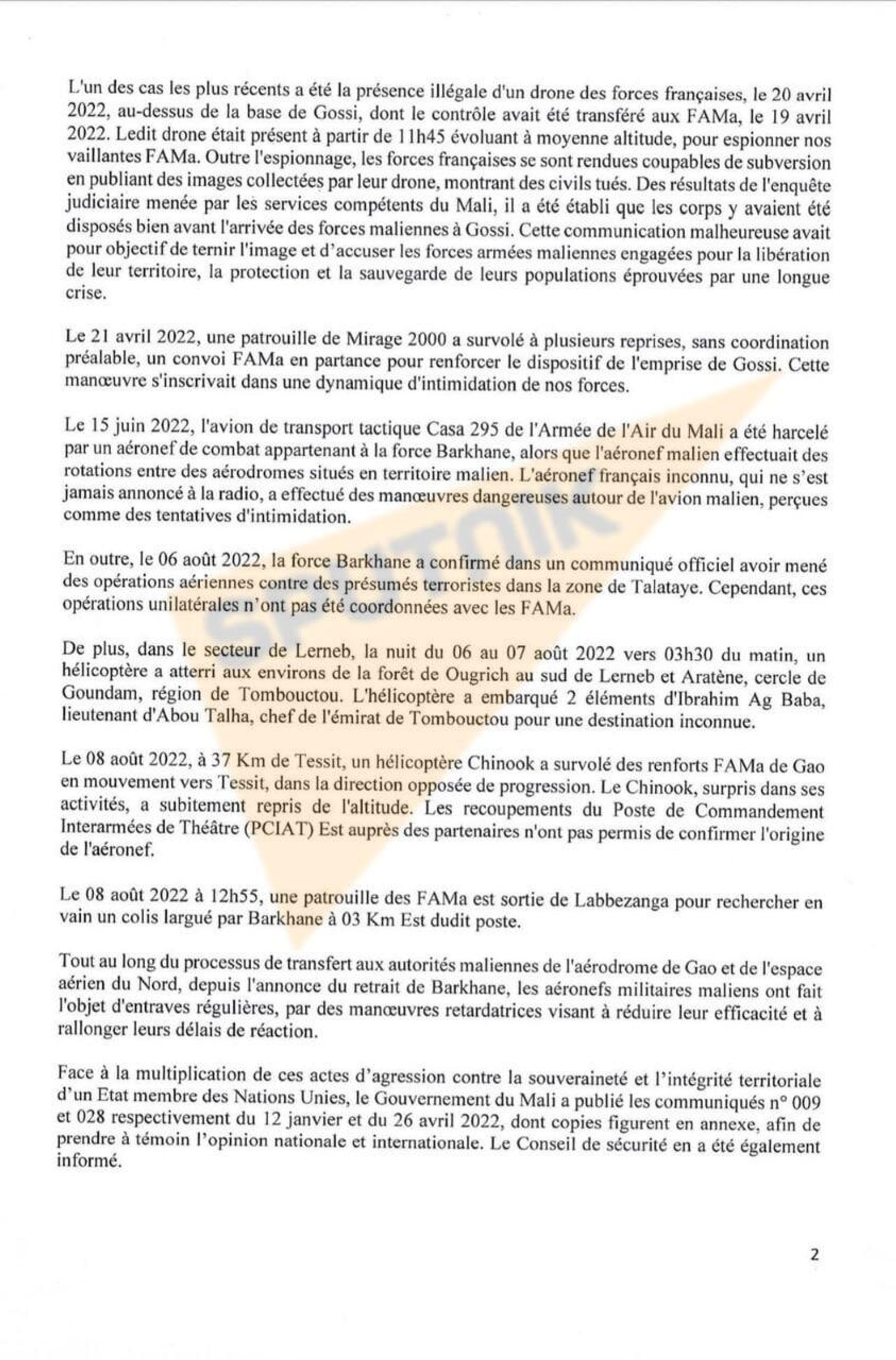 The second page of an August 15, 2022, letter from Diop to Zhang, accusing France of supporting terrorist groups inside Mali. The second page of an August 15, 2022, letter from Diop to Zhang, accusing France of supporting terrorist groups inside Mali. - Sputnik International, 1920, 17.08.2022
