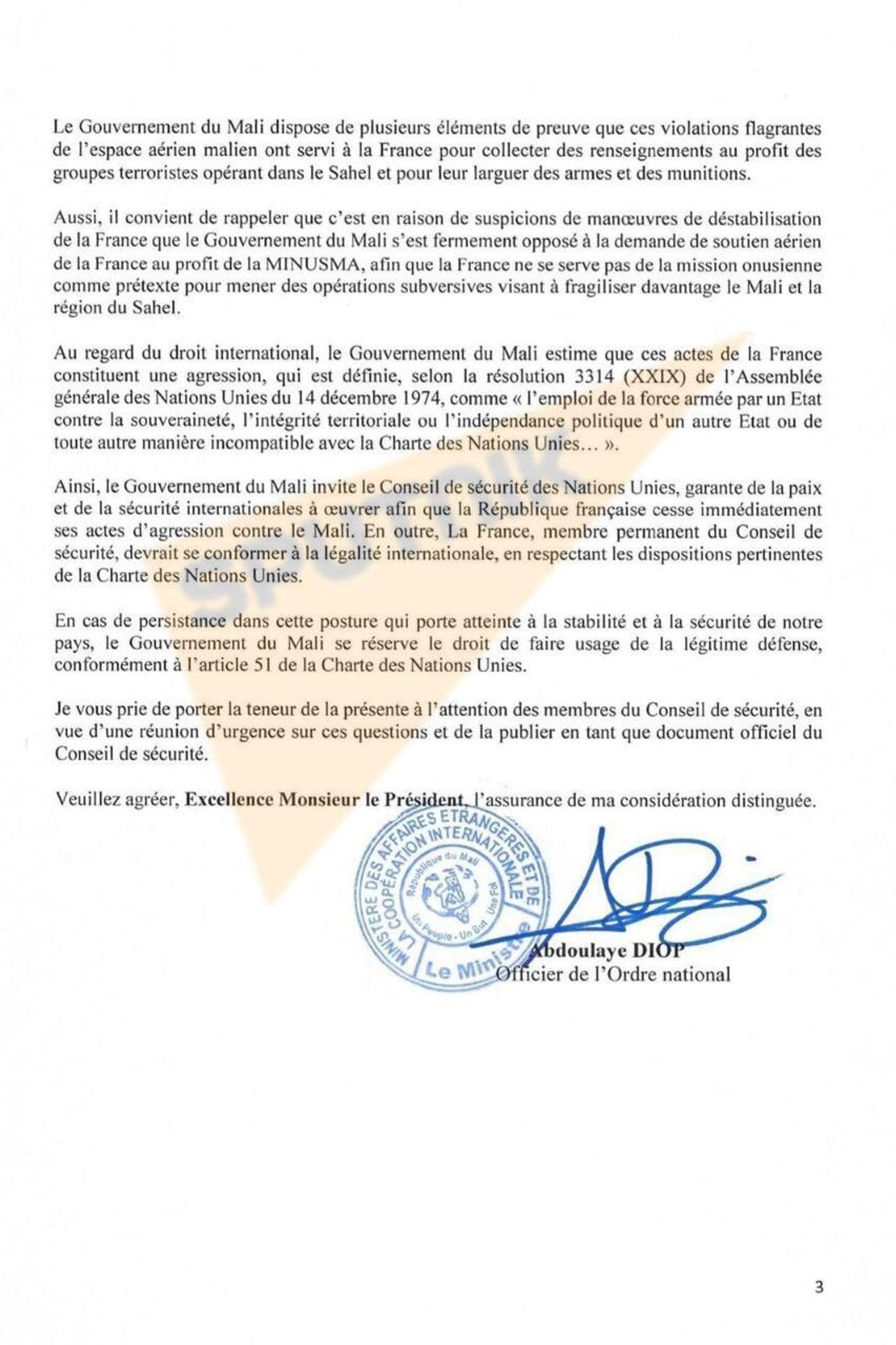 The third and final page of an August 15, 2022, letter from Diop to Zhang, accusing France of supporting terrorist groups inside Mali. The third and final page of an August 15, 2022, letter from Diop to Zhang, accusing France of supporting terrorist groups inside Mali. - Sputnik International, 1920, 17.08.2022