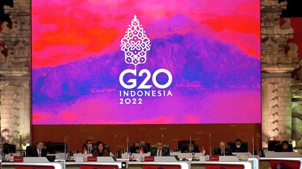 Indonesian Finance Minister Sri Mulyani, second left, delivers her speech during the G20 Finance Ministers and Central Bank Governors Meeting in Nusa Dua, Bali, Indonesia, Friday, July 15, 2022.  - Sputnik International