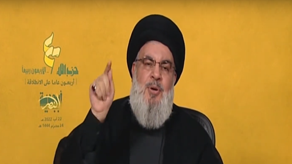 Hezbollah Secretary-General Hassan Nasrallah speaks at event commemorating the 40th anniversary of the creation of the political and militant group. August 22, 2022. - Sputnik International
