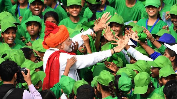 Indian Prime Minister Narendra Modi greets schoolchildren after his speech as part of India's 72nd Independence Day celebrations, which marks the 71st anniversary of the end of British colonial rule, at the Red Fort in New Delhi on August 15, 2018 Indian Prime Minister Narendra Modi greets schoolchildren after his speech as part of India's 72nd Independence Day celebrations, which marks the 71st anniversary of the end of British colonial rule, at the Red Fort in New Delhi on August 15, 2018 - Sputnik International
