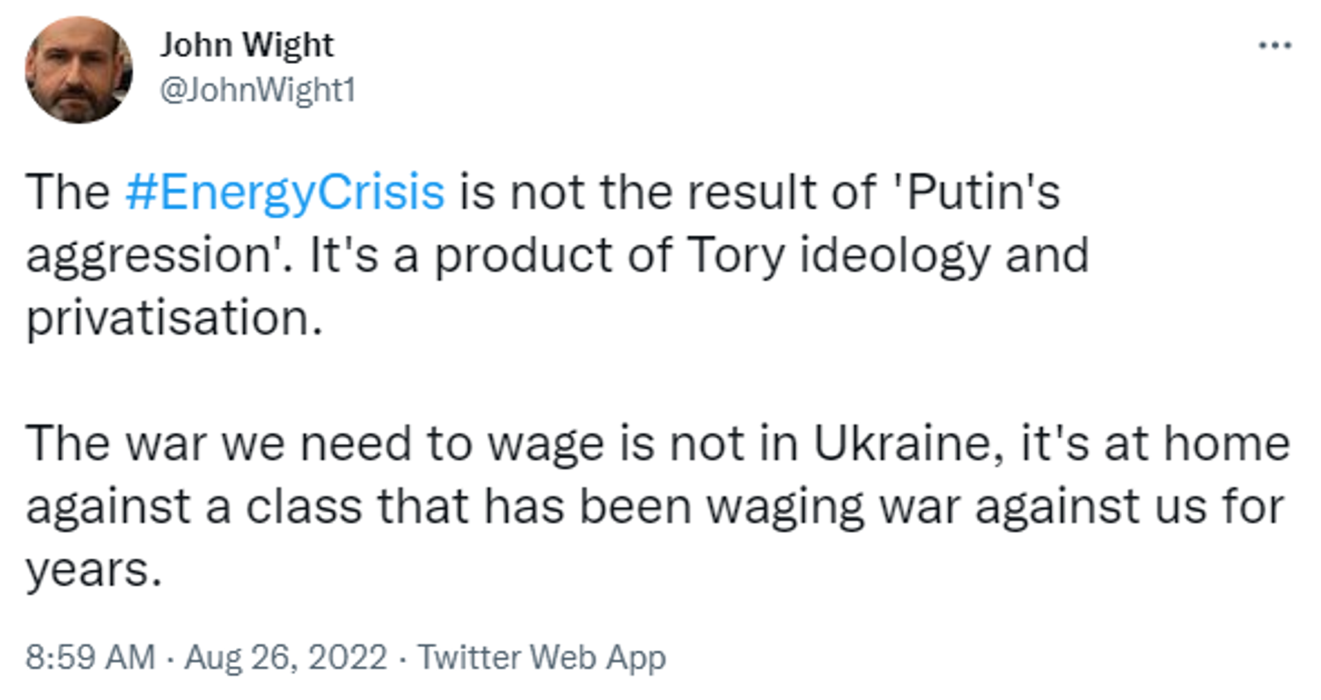 Tweet blaming the British ruling party and privatisation for the Western energy crisis - Sputnik International, 1920, 26.08.2022