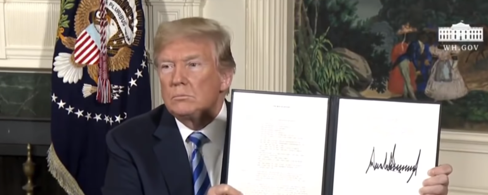 US President Donald Trump signs an order on May 8, 2018, unilaterally withdrawing the US from the 2015 Joint Comprehensive Plan of Action (JCPOA), also known as the 2015 Iran Nuclear Deal, on unsubstantiated accusations that Iran was secretly violating it and continuing nuclear bomb research. US President Donald Trump signs an order on May 8, 2018, unilaterally withdrawing the US from the 2015 Joint Comprehensive Plan of Action (JCPOA), also known as the 2015 Iran Nuclear Deal, on unsubstantiated accusations that Iran was secretly violating it and continuing nuclear bomb research. - Sputnik International, 1920, 31.08.2022