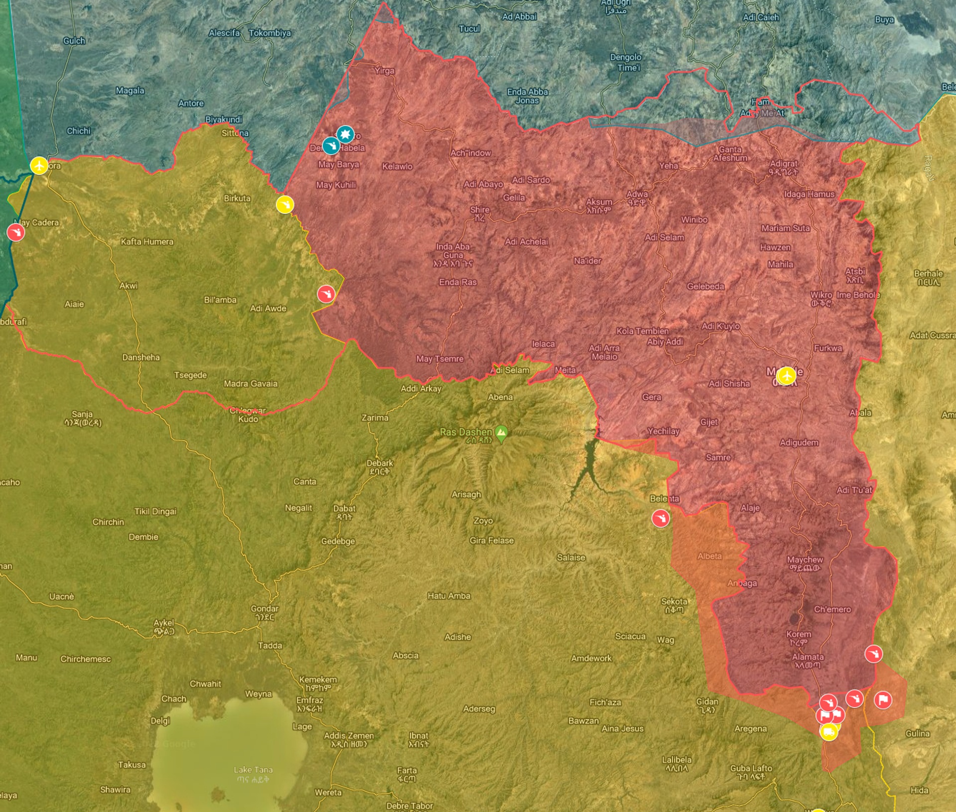 A user-generated map of the Ethiopian conflict on September 1, 2022, shows the borders of Tigray and surrounding states, as well as Eritrea (blue) and Sudan (gre3n), the areas of Amhara and Afar occupied by the TPLF (orange,) and the areas of western Tigray occupied by Ethiopian federal troops (yellow). - Sputnik International, 1920, 01.09.2022