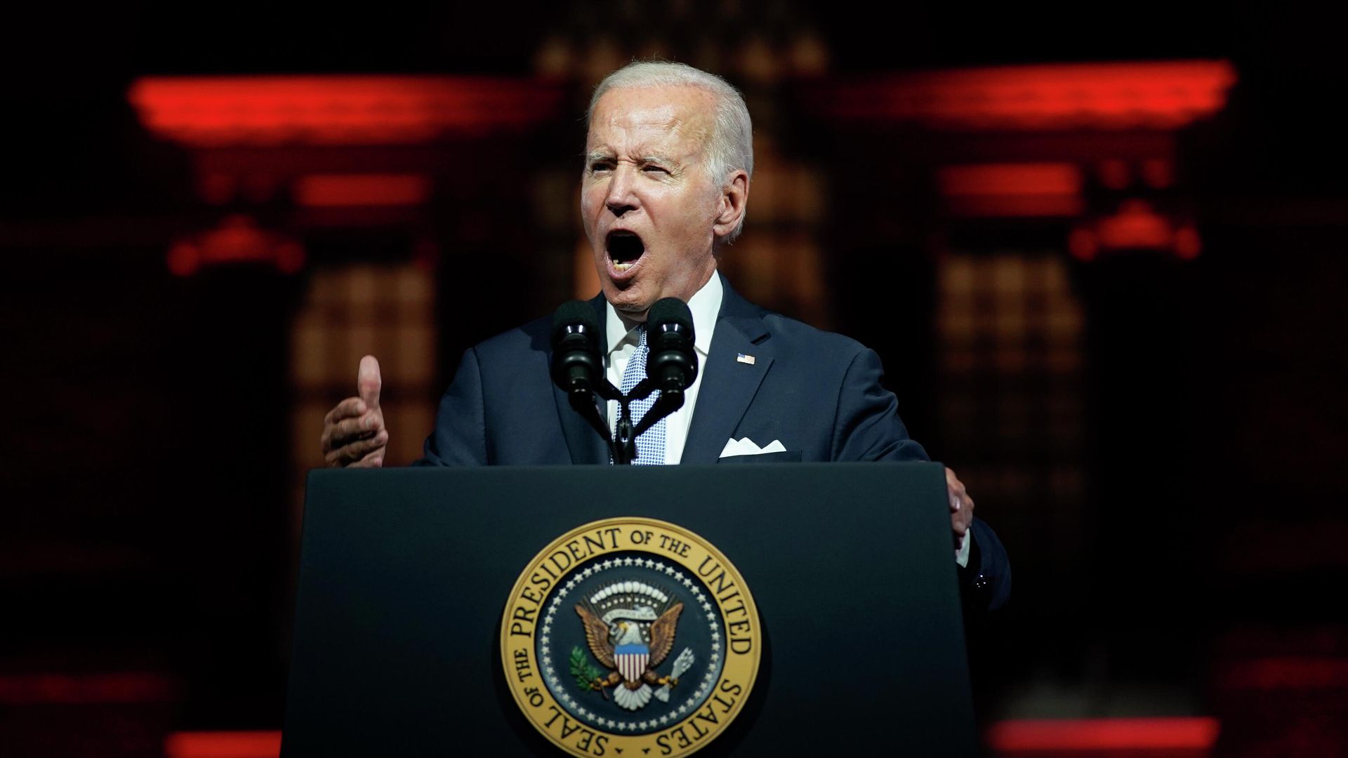 President Joe Biden speaks outside Independence Hall, Thursday, Sept. 1, 2022, in Philadelphia. President Joe Biden speaks outside Independence Hall, Thursday, Sept. 1, 2022, in Philadelphia. - Sputnik International, 1920, 02.09.2022