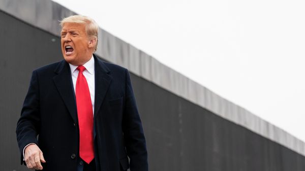 President Donald Trump reacts after speaking near a section of the U.S.-Mexico border wall, Tuesday, Jan. 12, 2021, in Alamo, Texas - Sputnik International