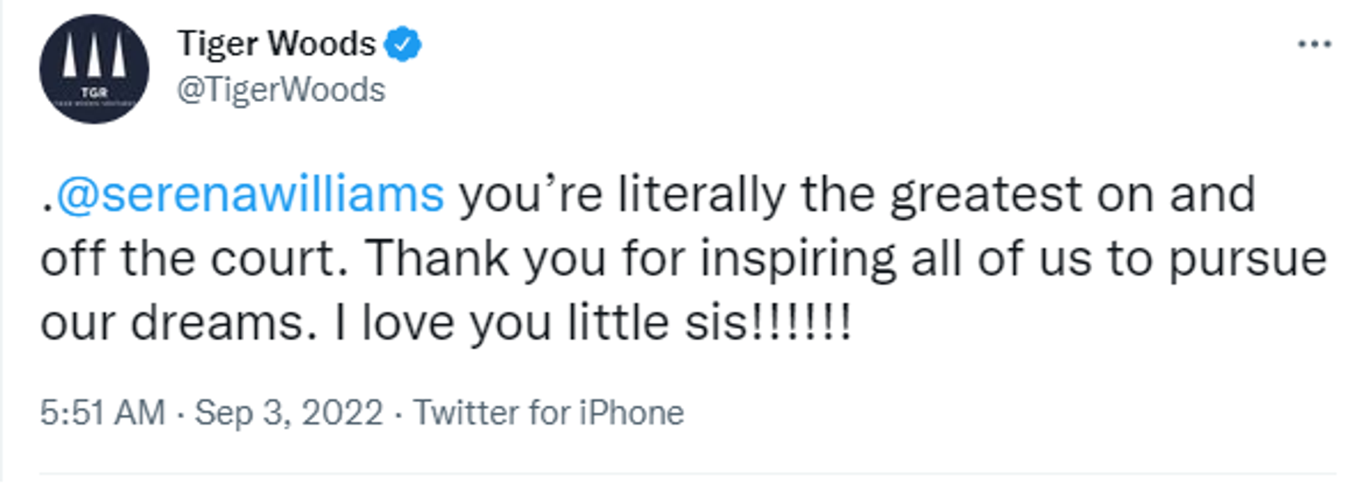 A screenshot of a tweet by Tiger Woods about the retirement of tennis star Serena Williams - Sputnik International, 1920, 03.09.2022