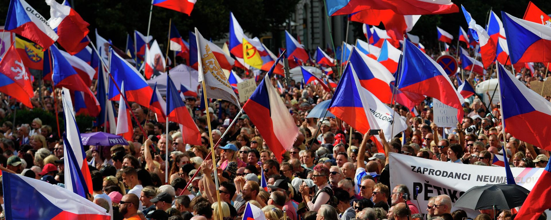Thousands of demonstrators gather to protest against the government at the Vencesla's Square in Prague, Czech Republic, Saturday, Sept. 3, 2022. (AP Photo/Petr David Josek) Thousands of demonstrators gather to protest against the government at the Vencesla's Square in Prague, Czech Republic, Saturday, Sept. 3, 2022. (AP Photo/Petr David Josek) - Sputnik International, 1920, 03.09.2022