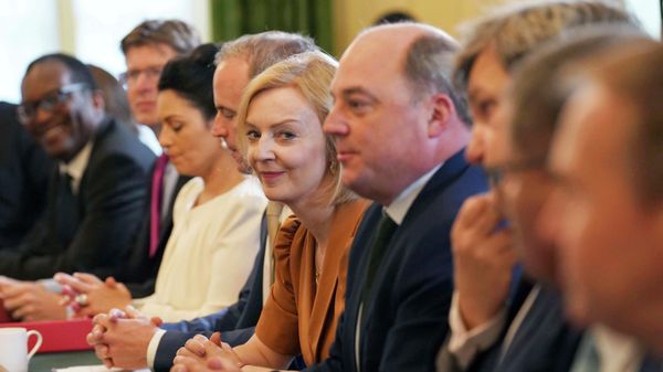 From left, Britain's Business Secretary Kwasi Kwarteng, Levelling Up Secretary Greg Clark, Home Secretary Priti Patel, Justice Minister and Deputy Prime Minister Dominic Raab, Foreign Secretary Liz Truss, and Defence Secretary Ben Wallace take part in a Cabinet meeting at 10 Downing Street, in London, Tuesday July 19, 2022. (Stefan Rousseau/Pool Photo via AP) - Sputnik International
