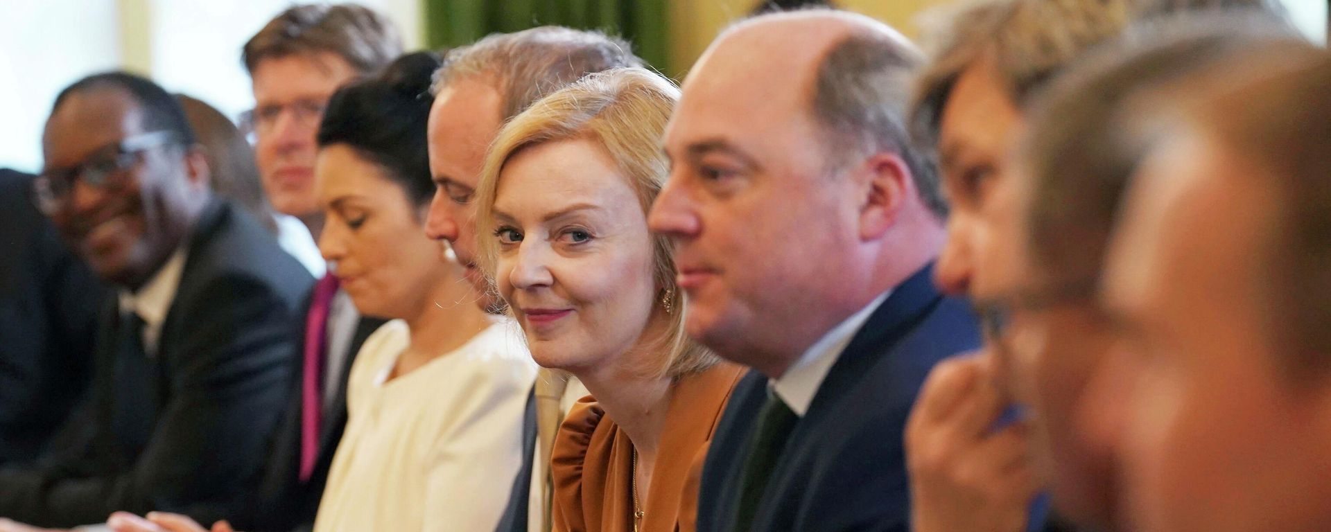 From left, Britain's Business Secretary Kwasi Kwarteng, Levelling Up Secretary Greg Clark, Home Secretary Priti Patel, Justice Minister and Deputy Prime Minister Dominic Raab, Foreign Secretary Liz Truss, and Defence Secretary Ben Wallace take part in a Cabinet meeting at 10 Downing Street, in London, Tuesday July 19, 2022. (Stefan Rousseau/Pool Photo via AP) - Sputnik International, 1920, 05.09.2022