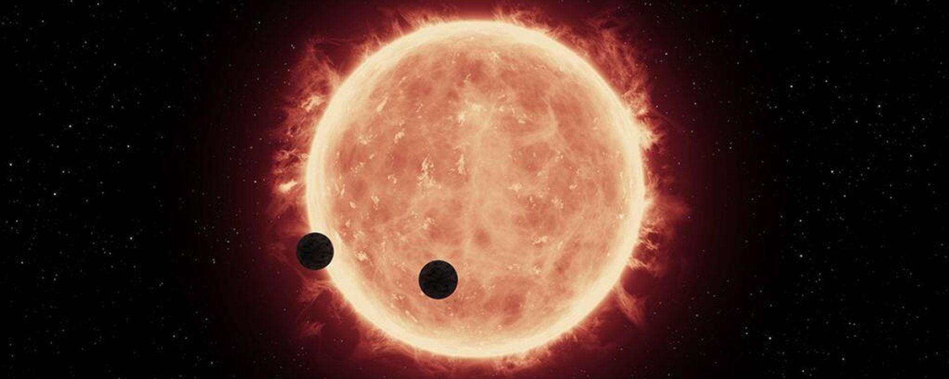 an artistic illustration of two exoplanets orbiting a red dwarf star An illustration of two rocky exoplanets transiting a red dwarf star an artistic illustration of two exoplanets orbiting a red dwarf star An illustration of two rocky exoplanets transiting a red dwarf star - Sputnik International, 1920, 19.12.2022