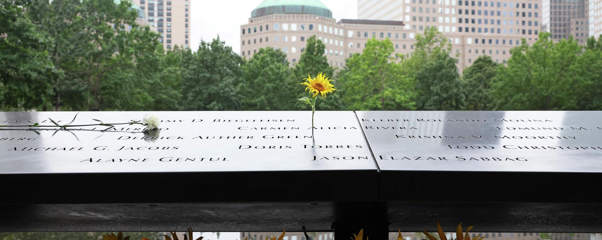 Sunflowers are seen on the names of victims of the 9/11 terror attack on the North Tower Memorial Pool during the annual 9/11 Commemoration Ceremony at the National 9/11 Memorial and Museum on September 11, 2022 in New York City. Sunflowers are seen on the names of victims of the 9/11 terror attack on the North Tower Memorial Pool during the annual 9/11 Commemoration Ceremony at the National 9/11 Memorial and Museum on September 11, 2022 in New York City. - Sputnik International, 1920, 12.09.2022