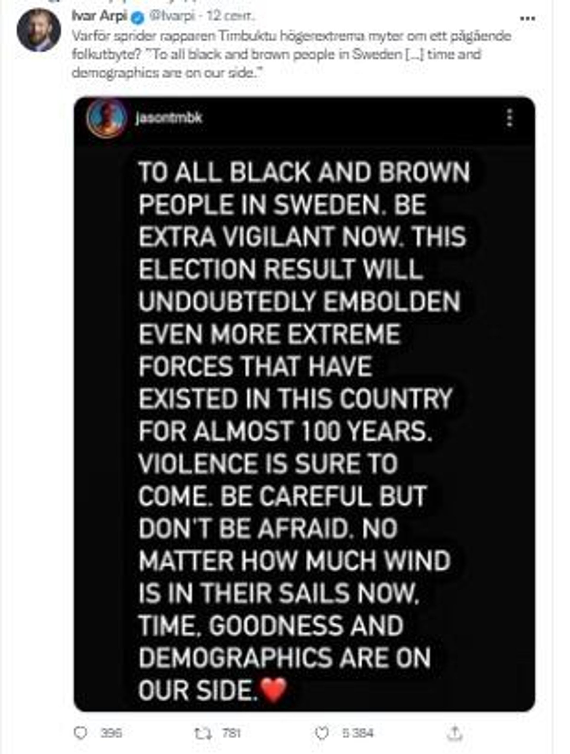Screenshot of tweet discussing rapper Timbuktu's Instagram post - Sputnik International, 1920, 14.09.2022
