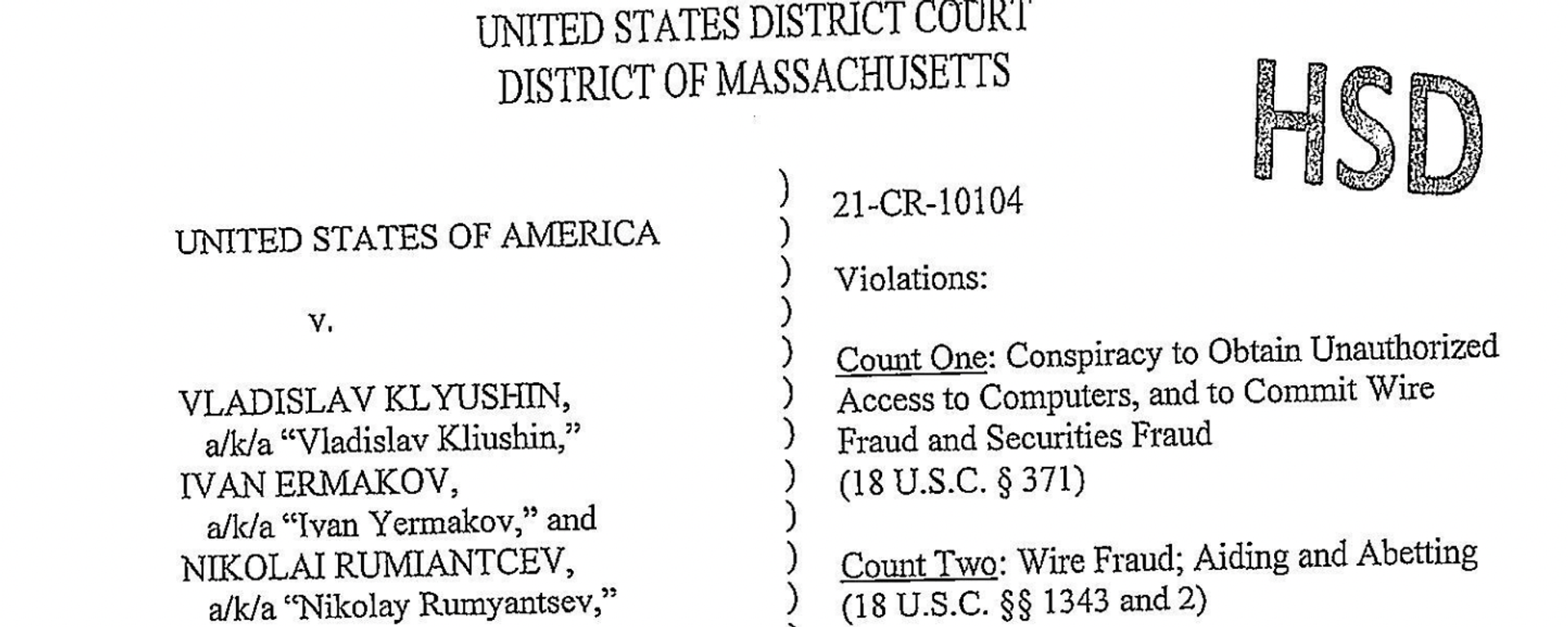 United States District Court of Massachusetts v Vladislav Klyushin - Sputnik International, 1920, 14.09.2022