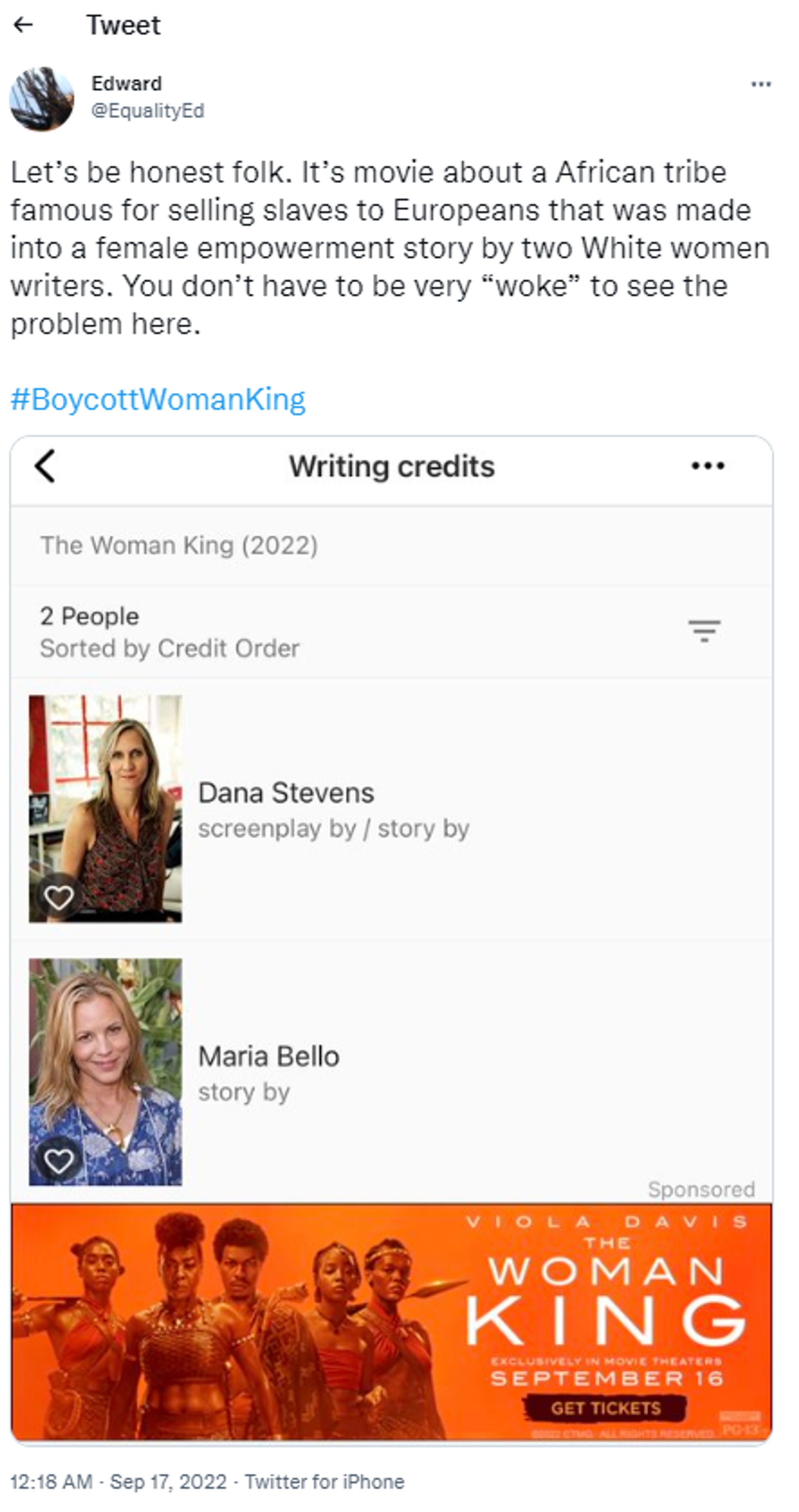 A #BoycottWomanKing Twitter user's tweet - Sputnik International, 1920, 17.09.2022