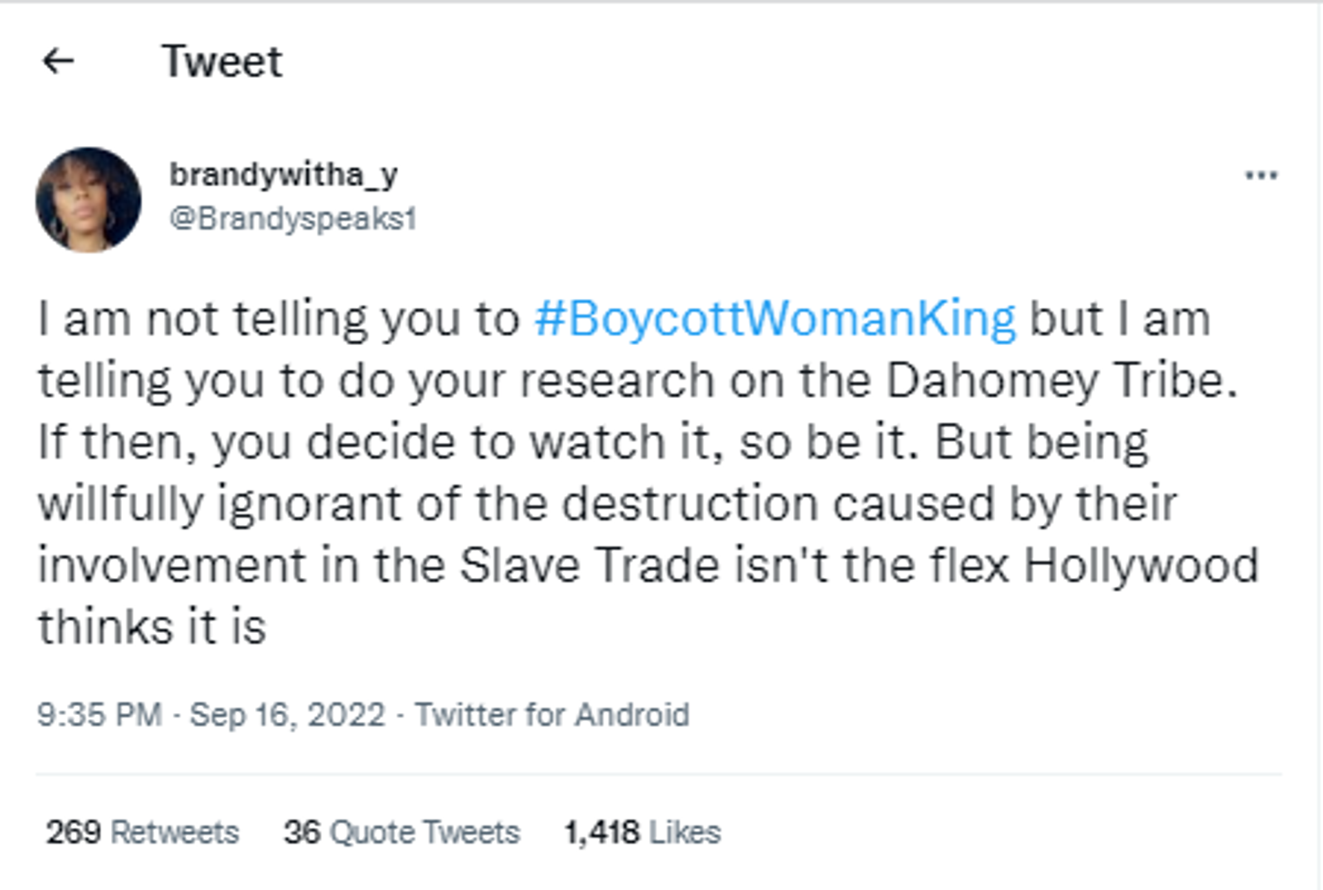 A #BoycottWomanKing Twitter user's tweet - Sputnik International, 1920, 17.09.2022