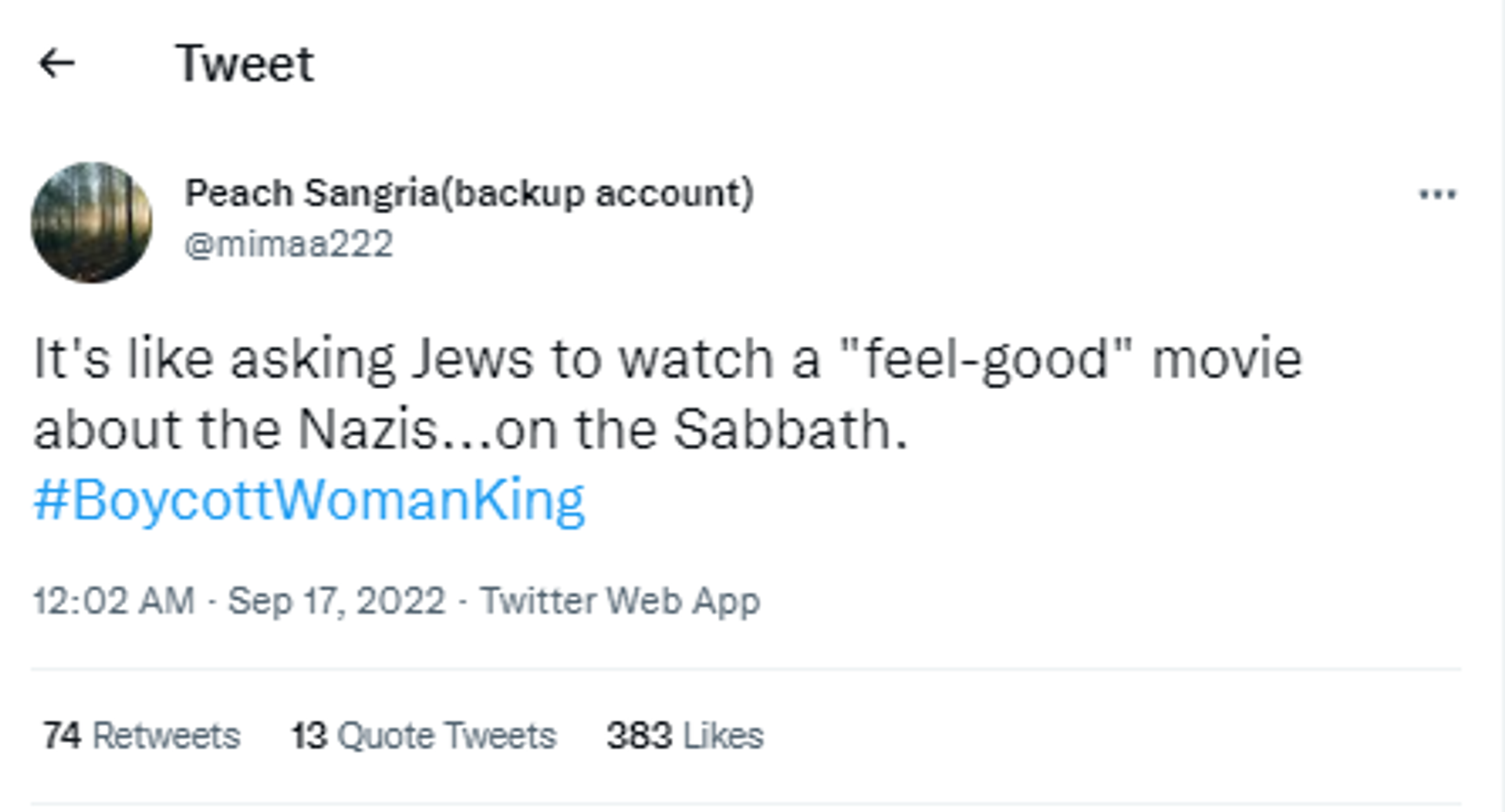 A #BoycottWomanKing Twitter user's tweet - Sputnik International, 1920, 17.09.2022
