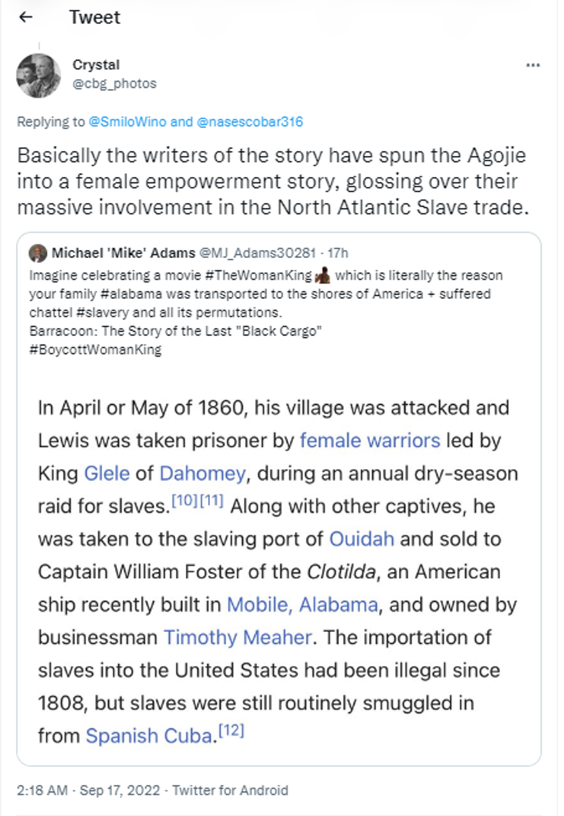 A #BoycottWomanKing Twitter user's tweet - Sputnik International, 1920, 17.09.2022