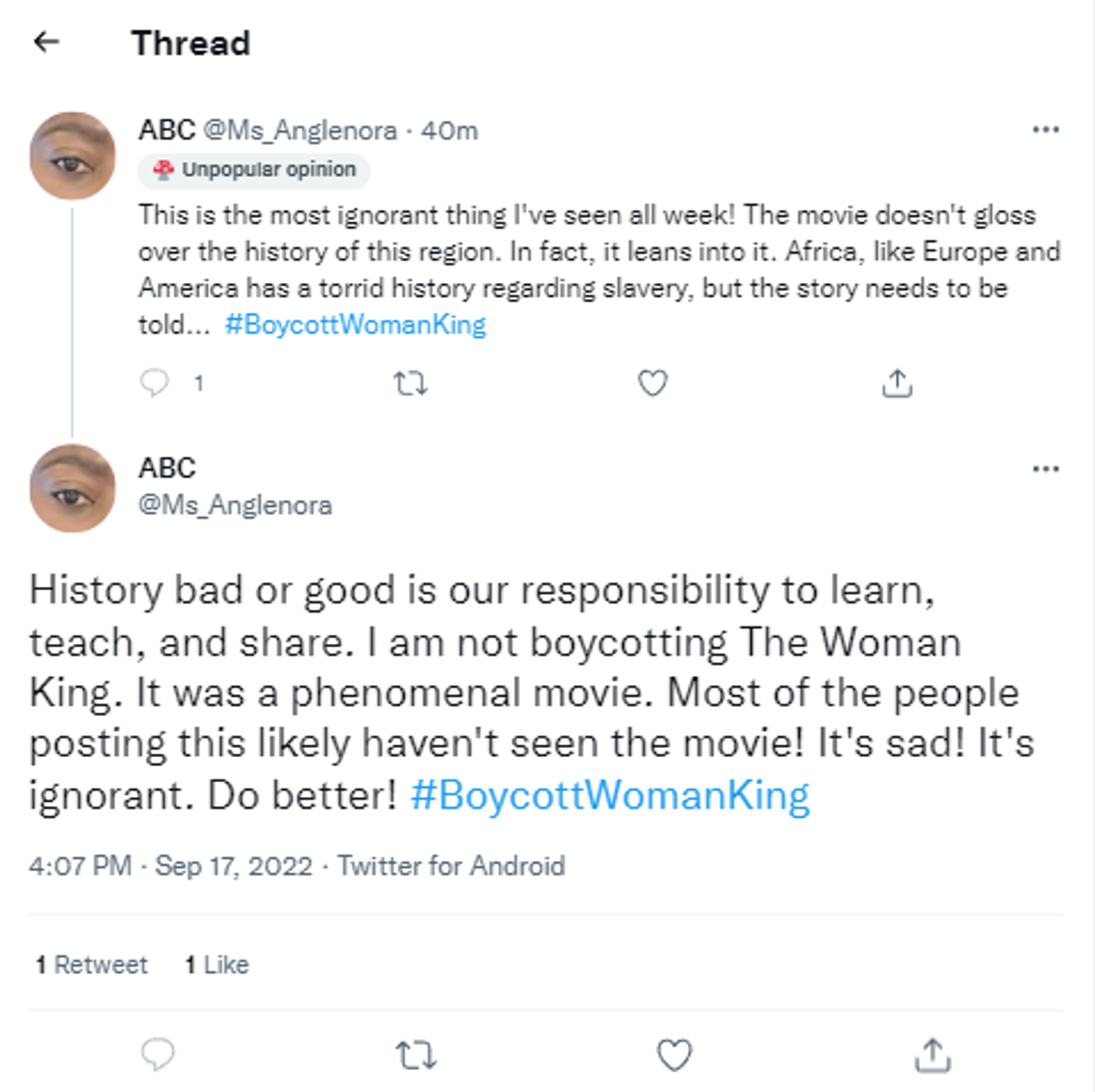 A #BoycottWomanKing Twitter user's tweet - Sputnik International, 1920, 17.09.2022